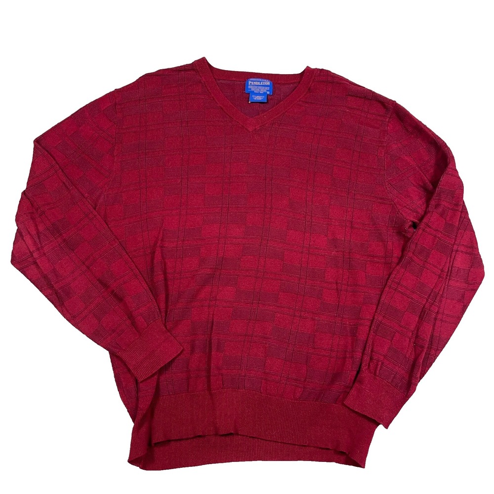 Pendelton Sweater Men Large Red Mercerized Cotton V Neck Geometric Grandpa Golf